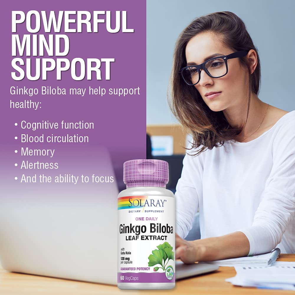 SOLARAY One Daily Ginkgo Biloba Leaf Extract | Healthy Blood Circulation, Memory & Brain Function Support (60 VegCaps) (60 VegCaps) - The Oasis of Health