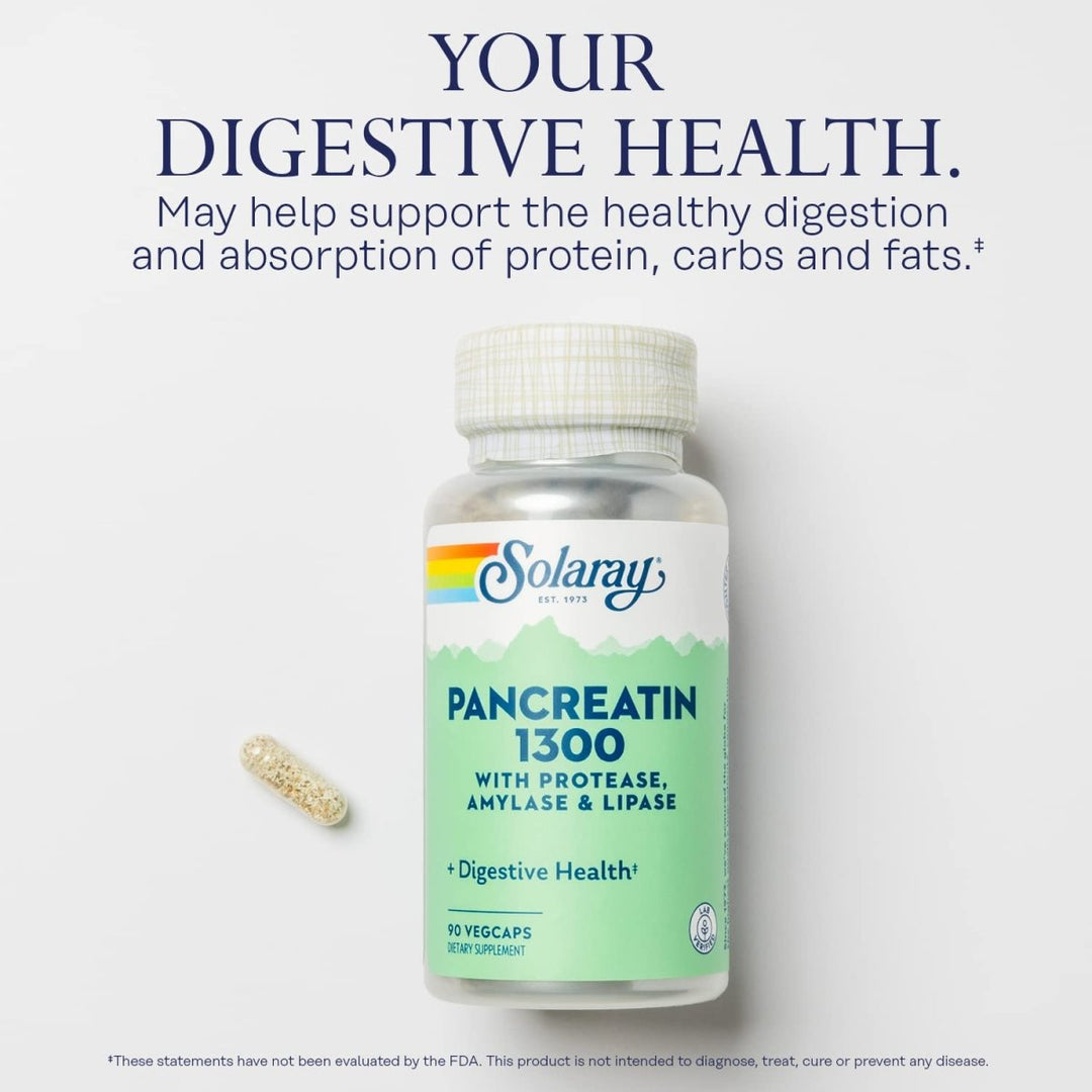 SOLARAY Pancreatin 1300 | Pancreatic Digestive Enzymes Plus Papaya for Healthy Digestion Support | 90 VegCaps, 90 Serv. - The Oasis of Health