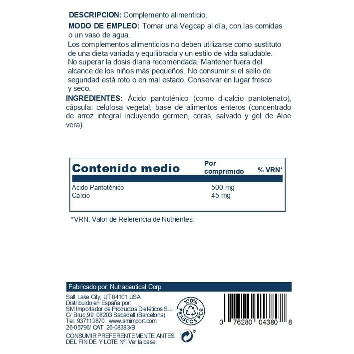 Solaray Pantothenic Acid 500mg - 100 Caps - The Oasis of Health