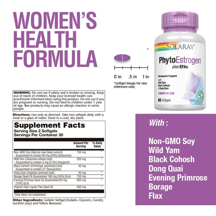 Solaray PhytoEstrogen Plus EFAs Menopause Support | Wild Yam, Black Cohosh, Evening Primrose & Borage | 60ct, 30 Serv. - The Oasis of Health