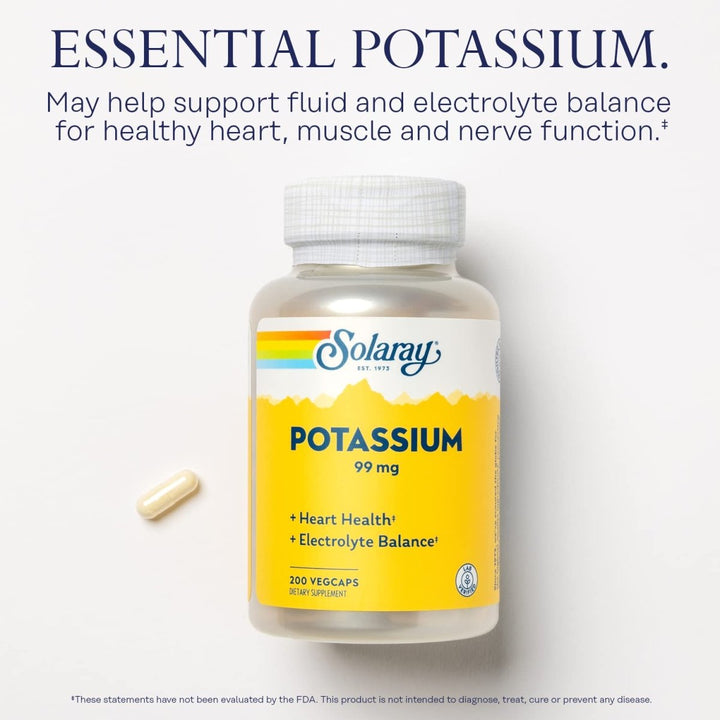 Solaray Potassium 99mg - Essential Mineral for Fluid & Electrolyte Balance - Heart, Nerve & Muscle Support - 200 Capsules - The Oasis of Health
