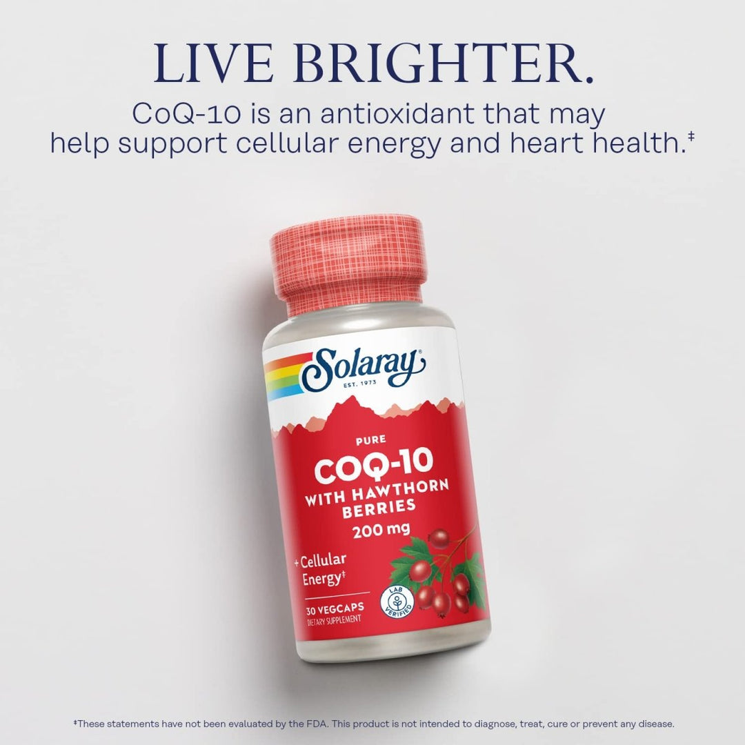 SOLARAY Pure CoQ - 10 200 mg | Healthy Heart Function & Cellular Energy Support | Enhanced with Herb Blend | 30 VegCaps 26169 - The Oasis of Health