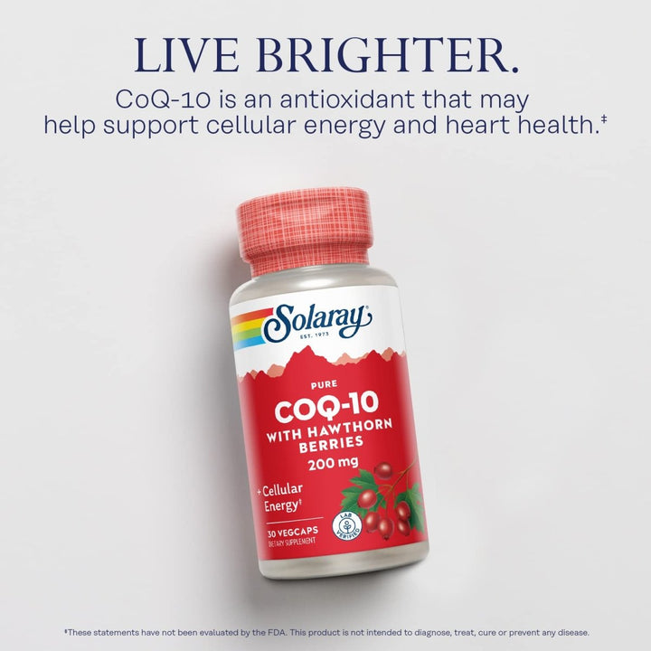 SOLARAY Pure CoQ - 10 200 mg | Healthy Heart Function & Cellular Energy Support | Enhanced with Herb Blend | 30 VegCaps 26169 - The Oasis of Health