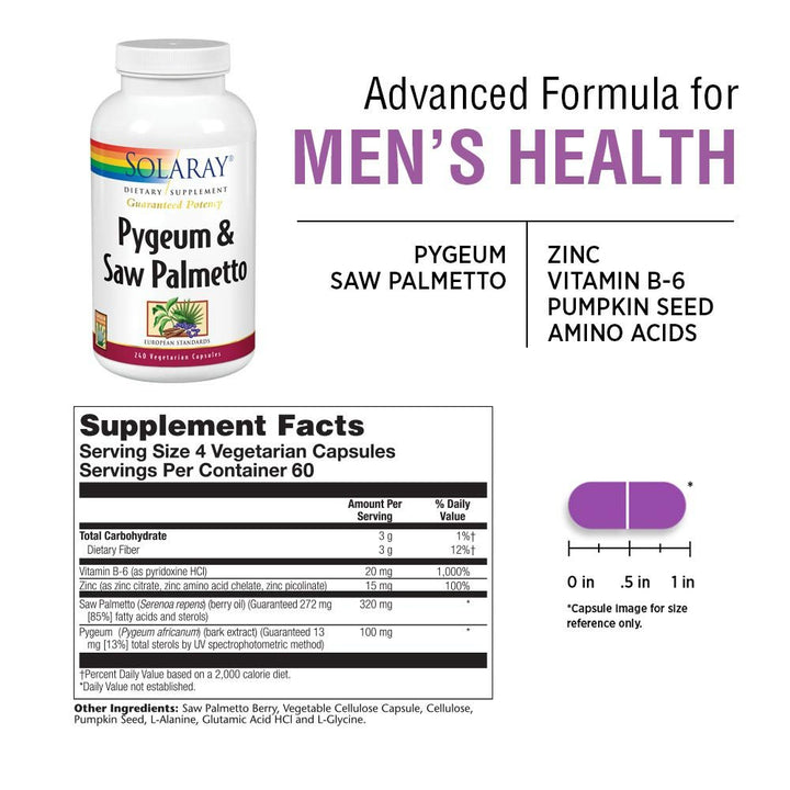 Solaray Pygeum and Saw Palmetto Berry Extracts - Men's Health & Prostate Function Support - 240 VegCaps - The Oasis of Health
