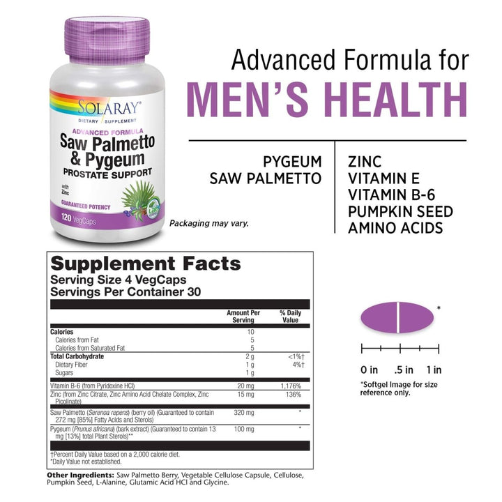 SOLARAY Pygeum and Saw Palmetto Berry Extracts, Mens Health & Prostate Function Support, Zinc, B - 6, Pumpkin Seed & Amino Acids 240 VegCaps (120 VegCaps) - The Oasis of Health