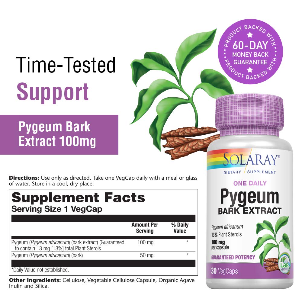 SOLARAY Pygeum Bark Extract, One Daily Pygeum 100mg, Pygeum Extract for Healthy Prostate Support, Guaranteed to Contain 13 mg Total Plant Sterols, Vegan, 60 - Day Guarantee, 30 Servings, 30 VegCaps - The Oasis of Health
