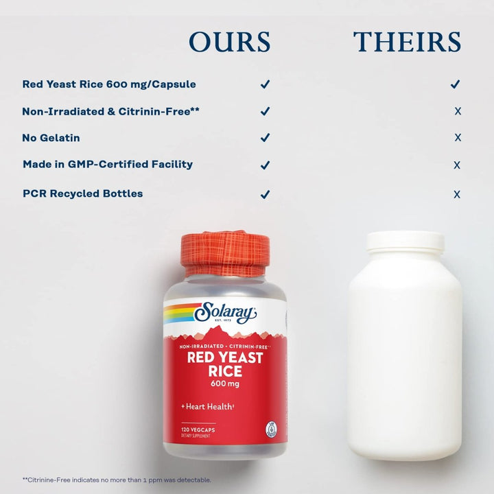 SOLARAY Red Yeast Rice 600mg Healthy Heart & Cardiovascular System Support, Non - Irradiated & No Citrinin, Lab Verified, 120 VegCaps - The Oasis of Health