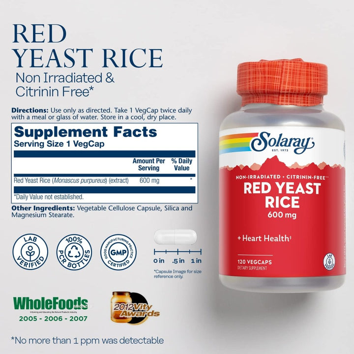 SOLARAY Red Yeast Rice 600mg Healthy Heart & Cardiovascular System Support, Non - Irradiated & No Citrinin, Lab Verified, 120 VegCaps - The Oasis of Health