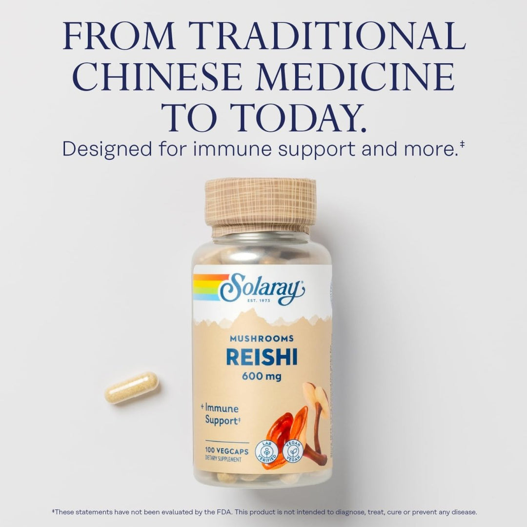 SOLARAY Reishi Mushroom 600mg - Reishi Mushroom Capsules for Immune Support - Vegan, Lab Verified - 60 - Day Money - Back Guarantee - 100 Servings, 100 VegCaps - The Oasis of Health