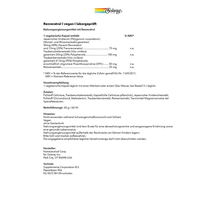 Solaray Resveratrol Supplement, 75 mg, 60 Count - The Oasis of Health