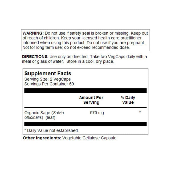SOLARAY Sage Leaf | 570mg per Serving | Healthy Body Odor & Perspiration, Immune Function, and Nervous & Digestive System Support | 100 VegCaps - The Oasis of Health