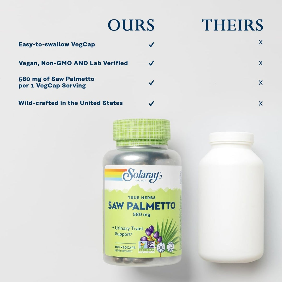 SOLARAY Saw Palmetto Berry 580 mg - 180 VegCaps - Healthy Prostate and Urinary Tract Support for Men and Women - The Oasis of Health