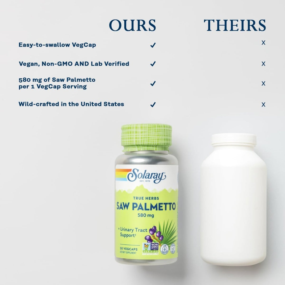 SOLARAY Saw Palmetto Berry 580 mg, Healthy Prostate and Urinary Tract Support from Fatty Acids & Plant Sterols for Men and Women, Non - GMO, Vegan & Lab Verified, 50 VegCaps, 50 Servings - The Oasis of Health
