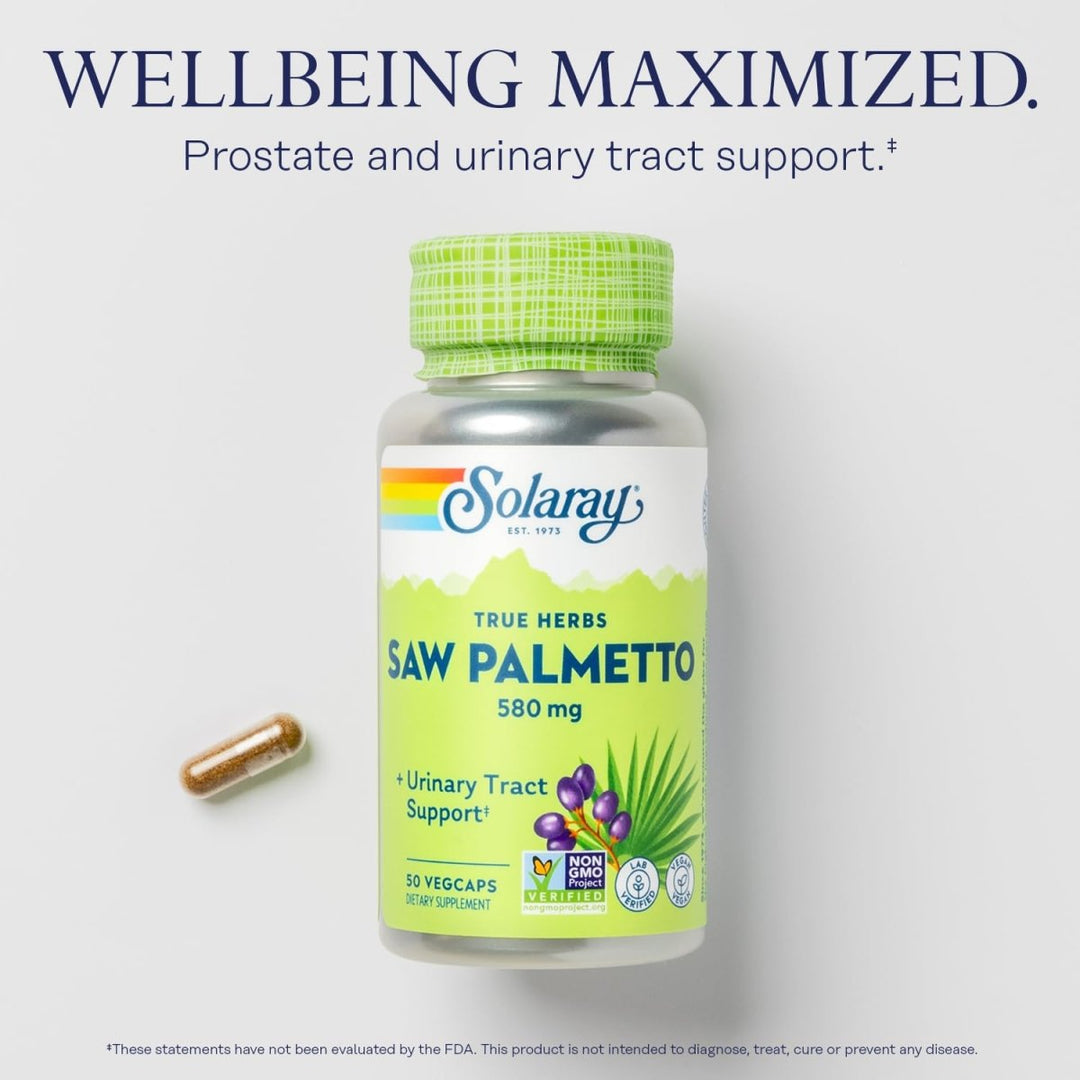 SOLARAY Saw Palmetto Berry 580 mg, Healthy Prostate and Urinary Tract Support from Fatty Acids & Plant Sterols for Men and Women, Non - GMO, Vegan & Lab Verified, 50 VegCaps, 50 Servings - The Oasis of Health