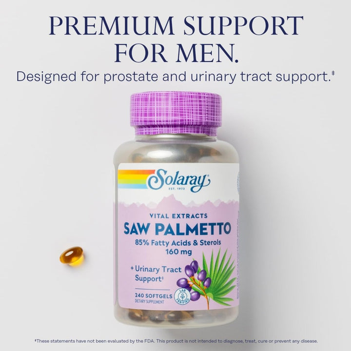 SOLARAY Saw Palmetto Extract - Prostate Health and Urinary Tract Support - 136 mg Fatty Acids and Sterols - Lab Verified, 60 - Day Money - Back Guarantee (240 Servings, 240 Softgels) - The Oasis of Health