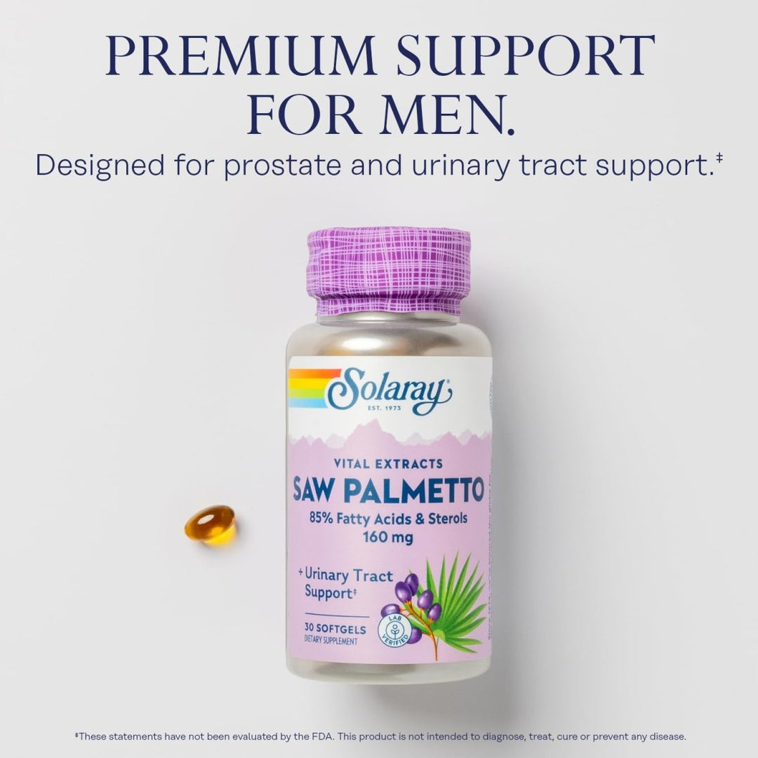 SOLARAY Saw Palmetto Extract - Prostate Health and Urinary Tract Support - 136 mg Fatty Acids and Sterols - Lab Verified, 60 - Day Money - Back Guarantee (30 Servings, 30 Softgels) - The Oasis of Health