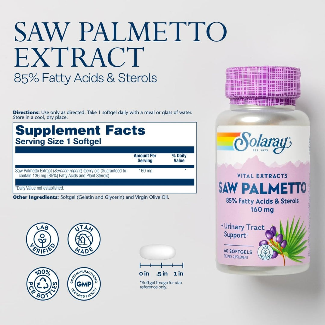 SOLARAY Saw Palmetto Extract - Prostate Health and Urinary Tract Support - 136 mg Fatty Acids and Sterols - Lab Verified, 60 - Day Money - Back Guarantee (60 Servings, 60 Softgels) - The Oasis of Health