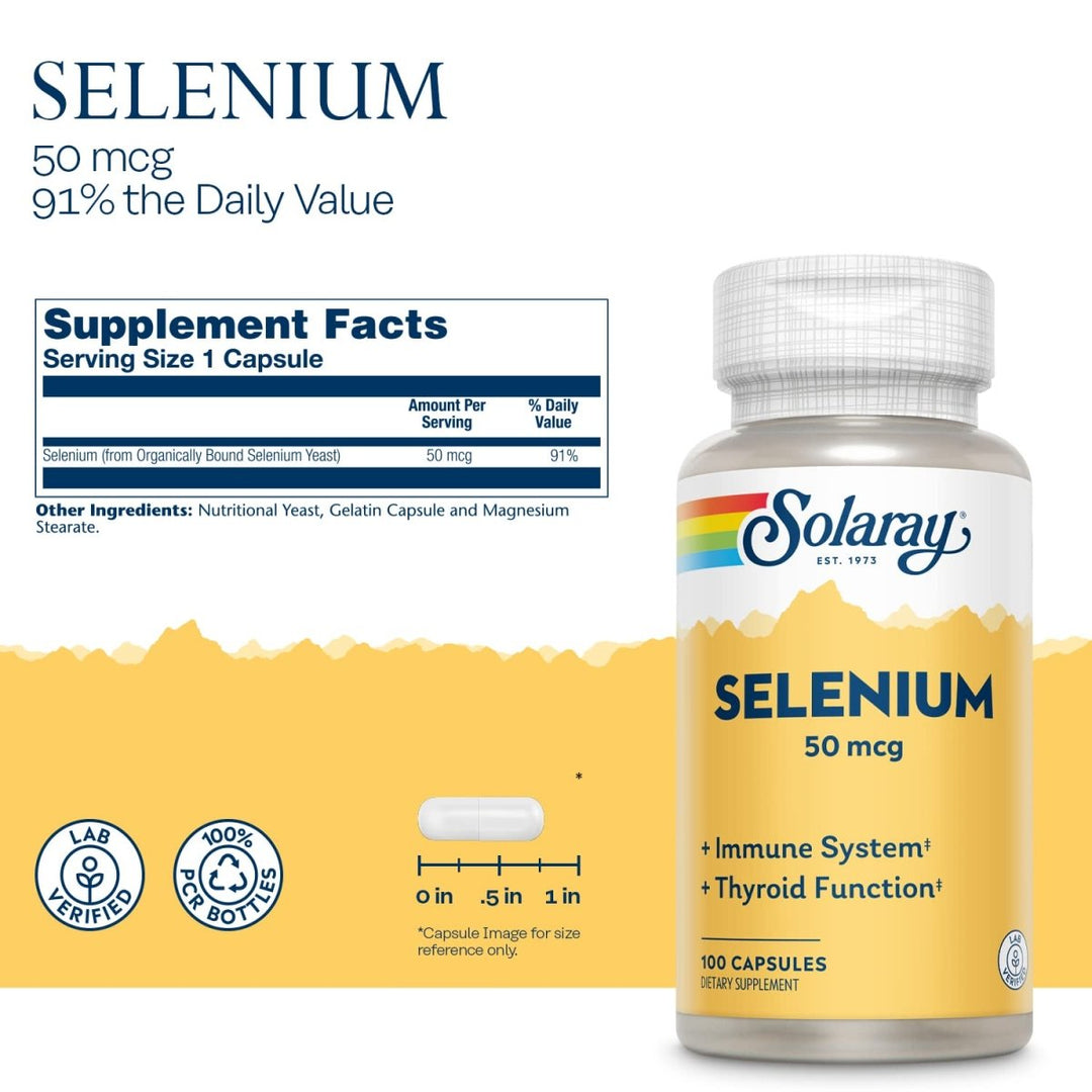 Solaray Selenium 50 mcg, Healthy Immune System, Thyroid Function & Antioxidant Support, 100 Capsules - The Oasis of Health