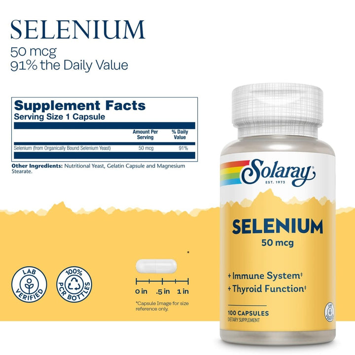 Solaray Selenium 50 mcg, Healthy Immune System, Thyroid Function & Antioxidant Support, 100 Capsules - The Oasis of Health