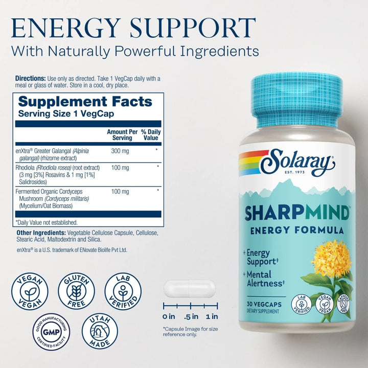 SOLARAY SharpMind Energy, Energy Booster for Women and Men, Nootropic Focus Supplement, Caffeine Free Energy Pills with Rhodiola Rosea and Cordyceps, 60 Day Guarantee, 30 Servings, 30 VegCap Pills - The Oasis of Health