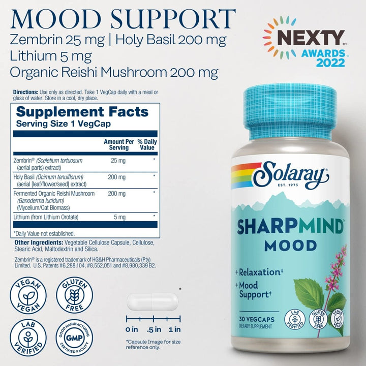 Solaray SharpMind Mood Support Supplement, Nootropic for Relaxation and Stress Relief, Zembrin, Holy Basil, Lithium Orotate 5mg, Organic Reishi Mushroom, 60 Day Guarantee, 30 Servings, 30 VegCaps - The Oasis of Health