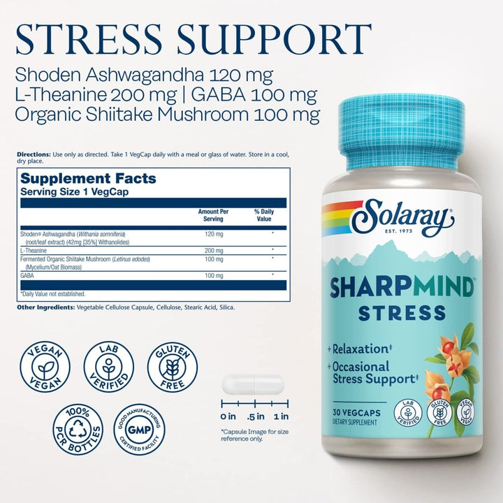 SOLARAY SharpMind Stress, Nootropic Mood Support Supplement for Relaxation and Occasional Stress Relief Support, Adaptogen with Ashwagandha, L Theanine, 60 Day Money Guarantee, 30 Serv 30 VegCaps - The Oasis of Health