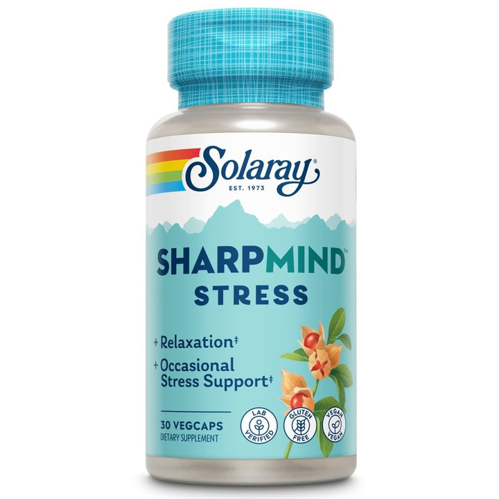 SOLARAY SharpMind Stress, Nootropic Mood Support Supplement for Relaxation and Occasional Stress Relief Support, Adaptogen with Ashwagandha, L Theanine, 60 Day Money Guarantee, 30 Serv 30 VegCaps - The Oasis of Health