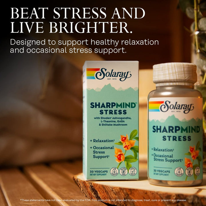 SOLARAY SharpMind Stress, Nootropic Mood Support Supplement for Relaxation and Occasional Stress Relief Support, Adaptogen with Ashwagandha, L Theanine, 60 Day Money Guarantee, 30 Serv 30 VegCaps - The Oasis of Health