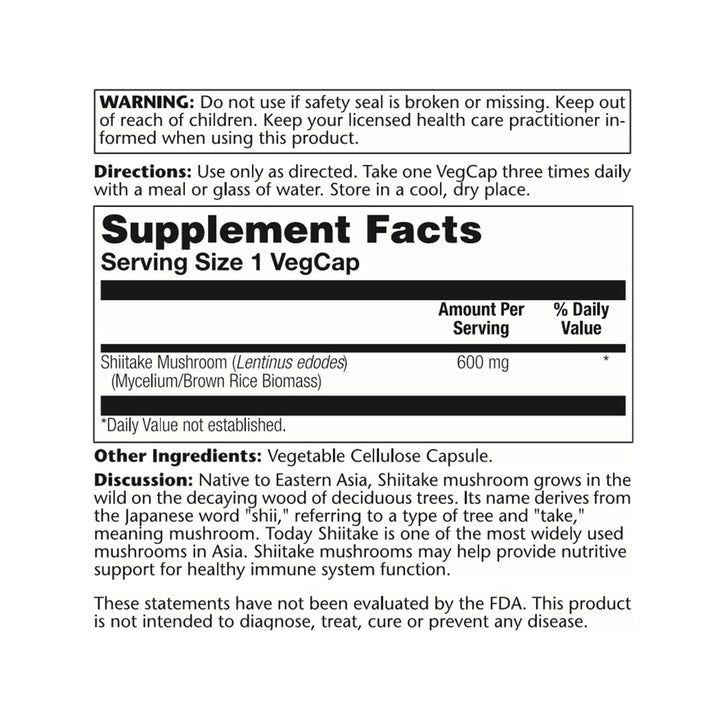 SOLARAY Shiitake Mushroom 600 mg | 100 Count - The Oasis of Health
