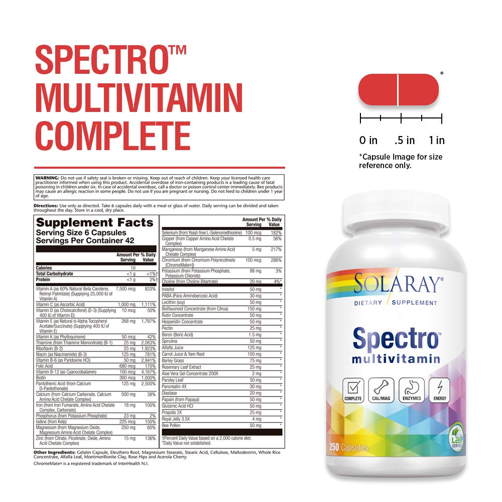 SOLARAY Spectro Multivitamin with Iron | Cal/Mag, Energizing Greens & Herbs with Digestive Enzymes (42 Serv, 250 CT) - The Oasis of Health