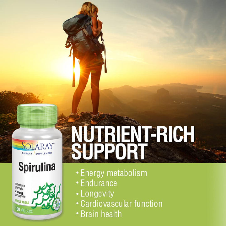 SOLARAY Spirulina 410mg | Algae Superfood Supports Energy, Vitality & Overall Health | 100ct, 100 Serv. - The Oasis of Health