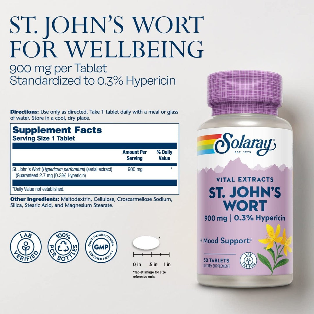 SOLARAY St John's Wort 900 mg, Once Daily Mood Support Supplement, Standardized to 0.3% Hypericin for Brain Health Support and a Balanced Mood, 60 - Day Money Back Guarantee | 30 Servings | 30 Tablets - The Oasis of Health