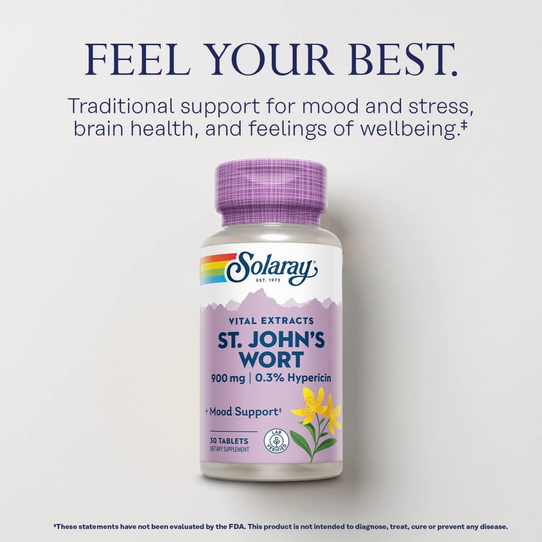 SOLARAY St John's Wort 900 mg, Once Daily Mood Support Supplement, Standardized to 0.3% Hypericin for Brain Health Support and a Balanced Mood, 60 - Day Money Back Guarantee | 30 Servings | 30 Tablets - The Oasis of Health