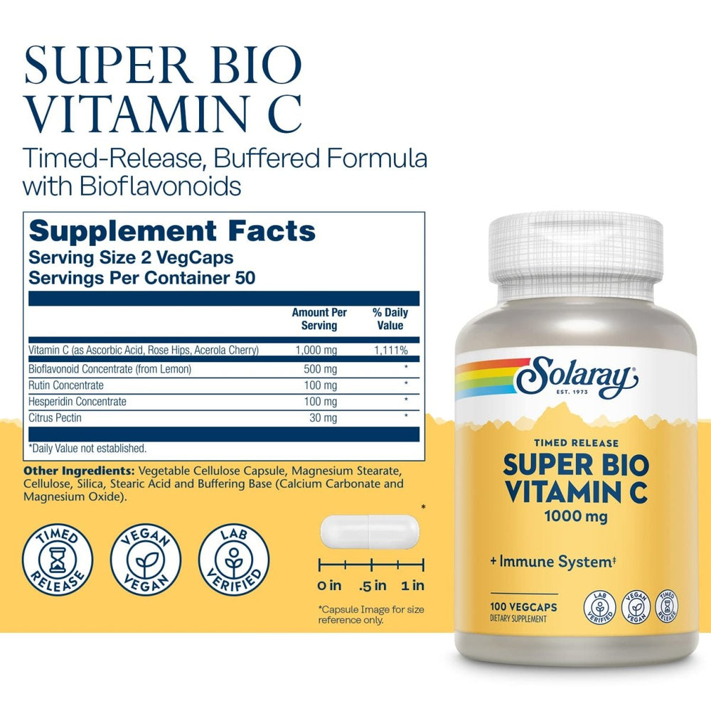 SOLARAY Super Bio Vitamin C 1000mg, Buffered, Time Release Capsules with Bioflavonoids, Two - Stage for High Absorption & All Day Immune Support, Vegan, 60 Day Guarantee, 50 Servings, 100 VegCaps - The Oasis of Health