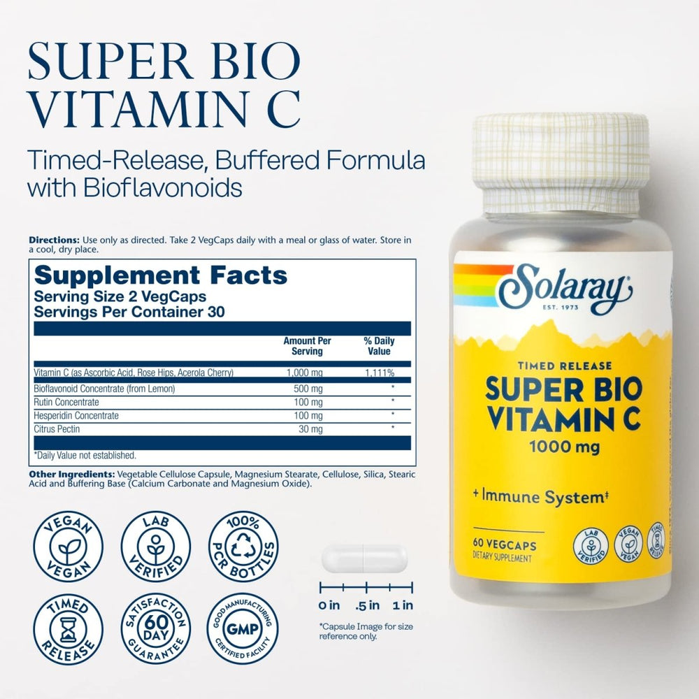 SOLARAY Super Bio Vitamin C 1000mg, Buffered, Time Release Capsules with Bioflavonoids, Two - Stage for High Absorption & All Day Immune Support, Vegan, 60 Day Guarantee, 30 Servings, 60 VegCaps - The Oasis of Health