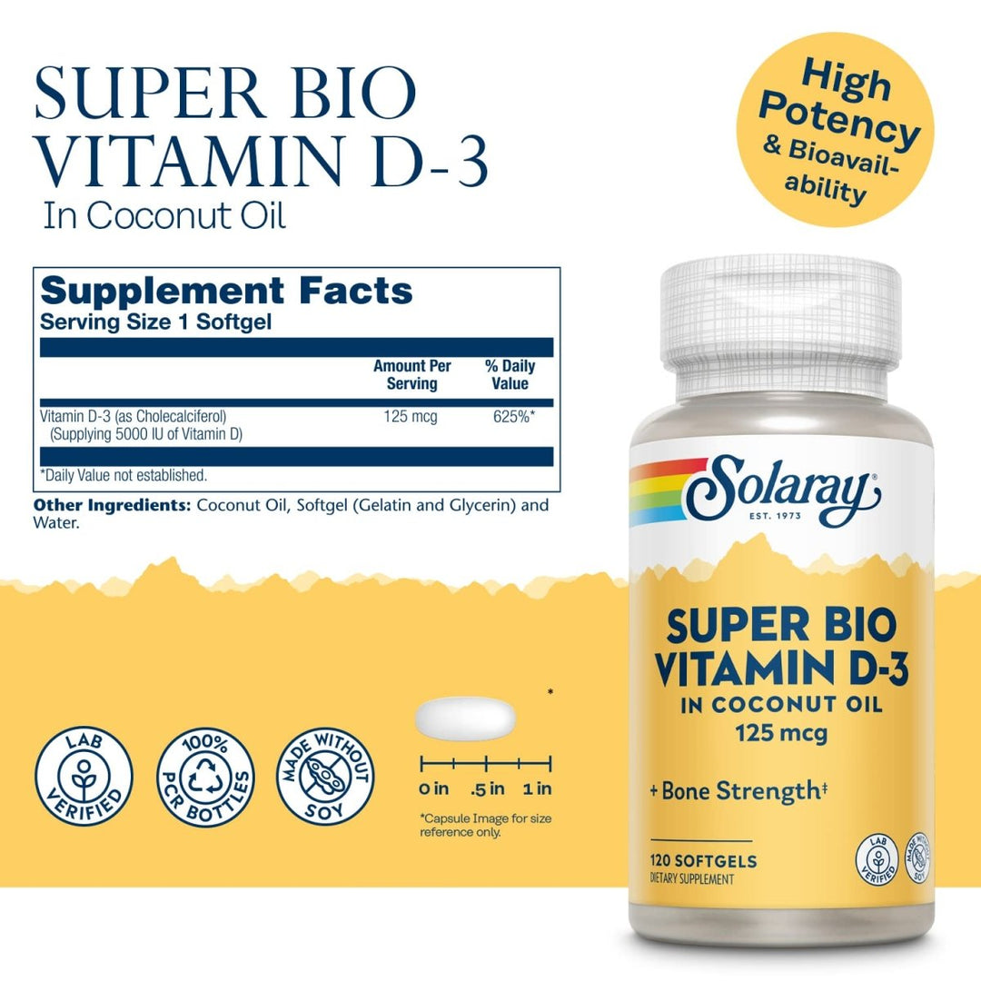 SOLARAY Super Bio Vitamin D - 3 in Non - GMO Coconut Oil 5000IU Strong Bones & Immune System Support High Bioavailability No Soy 120 Softgels - The Oasis of Health