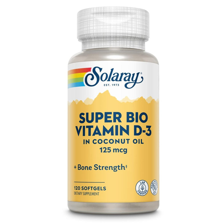 SOLARAY Super Bio Vitamin D - 3 in Non - GMO Coconut Oil 5000IU Strong Bones & Immune System Support High Bioavailability No Soy 120 Softgels - The Oasis of Health