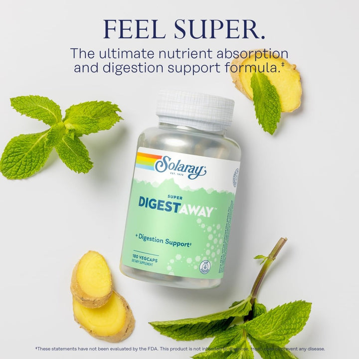 Solaray Super Digestaway Digestive Enzymes - Pancreatin, Papain, Ginger, Pepsin, Betaine HCl, Aloe Vera, and More - Digestion & Nutrient Absorption Support - Lab Verified - 180 VegCaps - The Oasis of Health