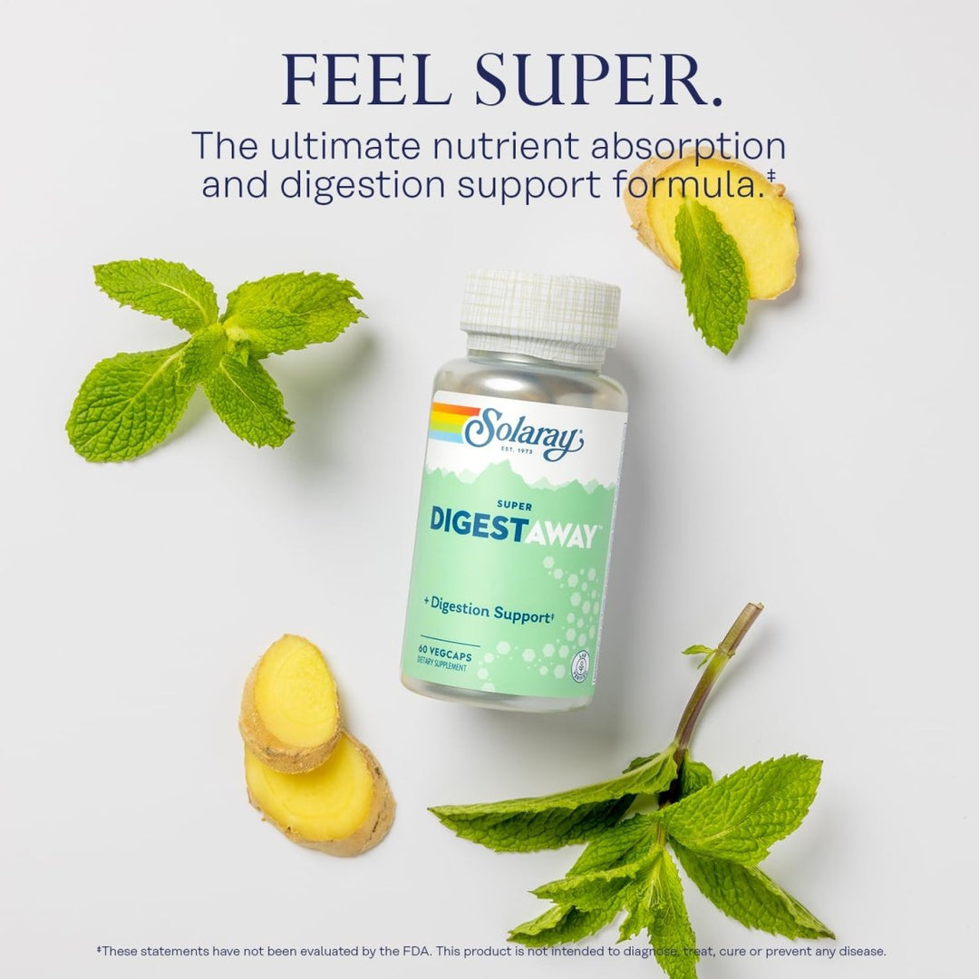 SOLARAY Super Digestaway Digestive Enzymes - Pancreatin, Papain, Ginger, Pepsin, Betaine HCl, Aloe Vera, and More - Digestion & Nutrient Absorption Support - Lab Verified - 60 VegCaps - The Oasis of Health