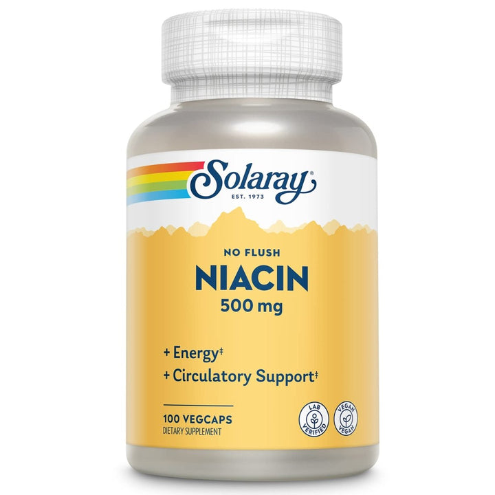 SOLARAY Title No Flush Niacin 500mg, Flush - Free Vitamin B3 Niacin, Energy and Circulatory System Support, Vegan, Lab Verified, 60 - Day Money - Back Guarantee, 100 Servings, 100 VegCaps - The Oasis of Health