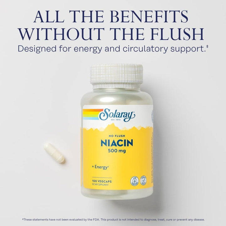 SOLARAY Title No Flush Niacin 500mg, Flush - Free Vitamin B3 Niacin, Energy and Circulatory System Support, Vegan, Lab Verified, 60 - Day Money - Back Guarantee, 100 Servings, 100 VegCaps - The Oasis of Health