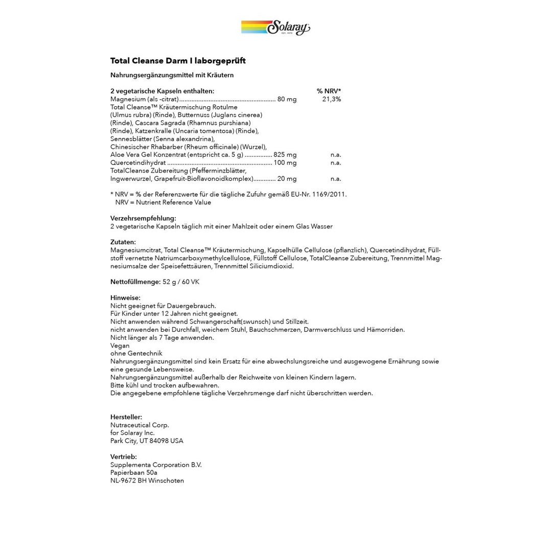 SOLARAY Total Cleanse Colon, Veg Cap (Btl - Plastic) | 60 Count - The Oasis of Health
