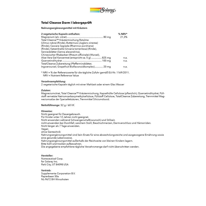 SOLARAY Total Cleanse Colon, Veg Cap (Btl - Plastic) | 60 Count - The Oasis of Health