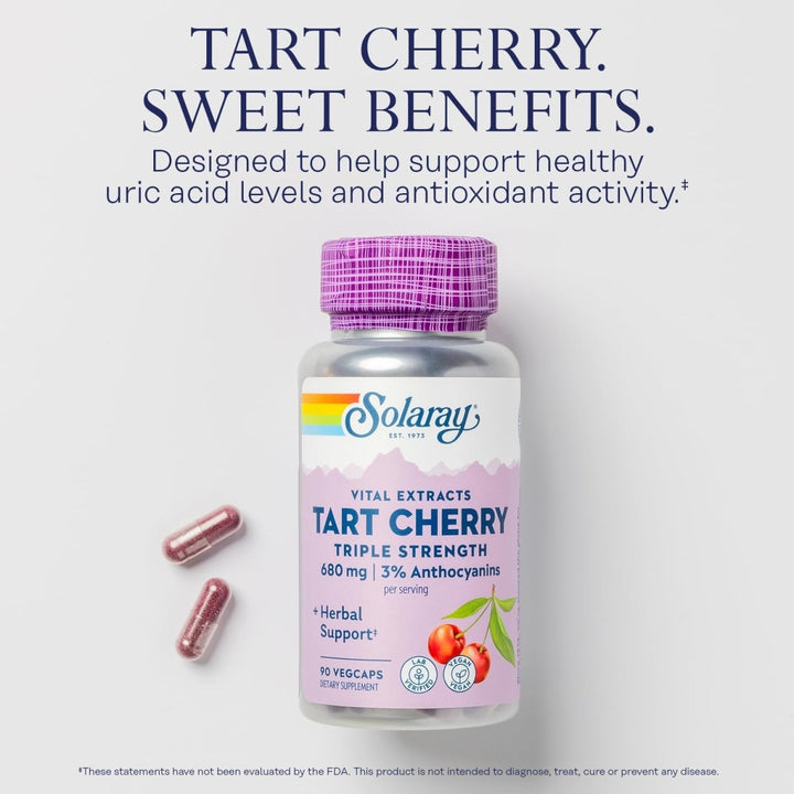 SOLARAY Triple Strength Tart Cherry Extract - Tart Cherry Capsules with Antioxidants and Anthocyanins for Uric Acid Levels Support - Vegan, 60 - Day Guarantee - 45 Servings, 90 VegCaps - The Oasis of Health