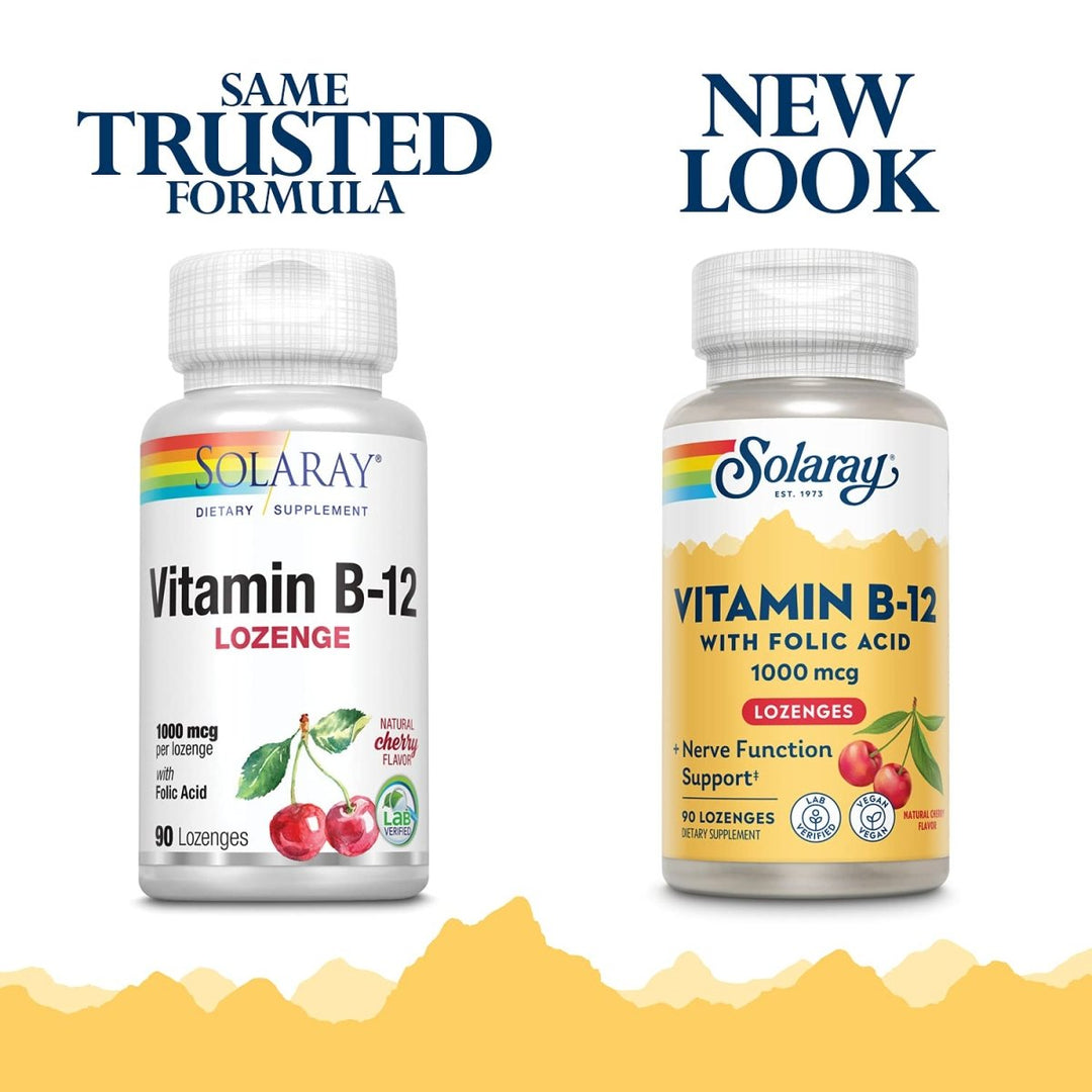 SOLARAY Vitamin B - 12 1000mcg Lozenges with Folic Acid | Natural Cherry Flavor | Healthy Energy Support | 90CT - The Oasis of Health