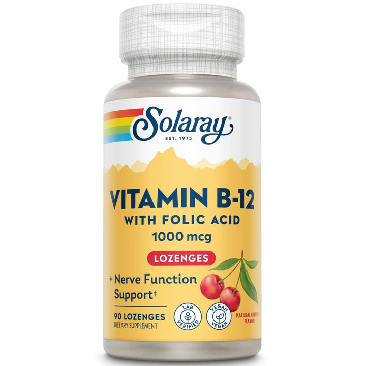 SOLARAY Vitamin B - 12 1000mcg Lozenges with Folic Acid | Natural Cherry Flavor | Healthy Energy Support | 90CT - The Oasis of Health