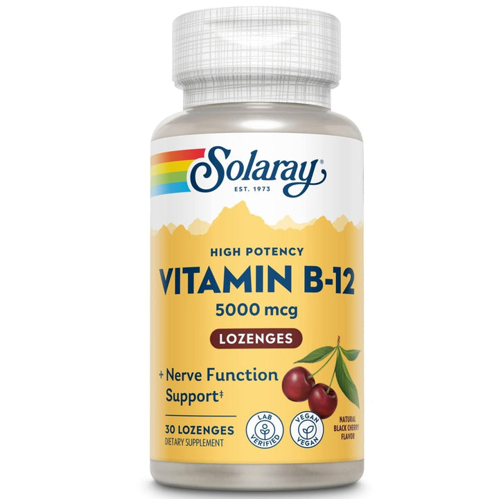SOLARAY Vitamin B - 12 5000mcg Lozenges | Natural Cherry Flavor | Healthy Energy & Nerve Function Support | 30ct - The Oasis of Health