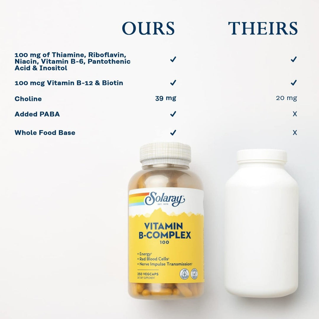 Solaray Vitamin B Complex 100 mg - Comprehensive B Vitamins for Healthy Energy and Vitality - 250 VegCaps - The Oasis of Health