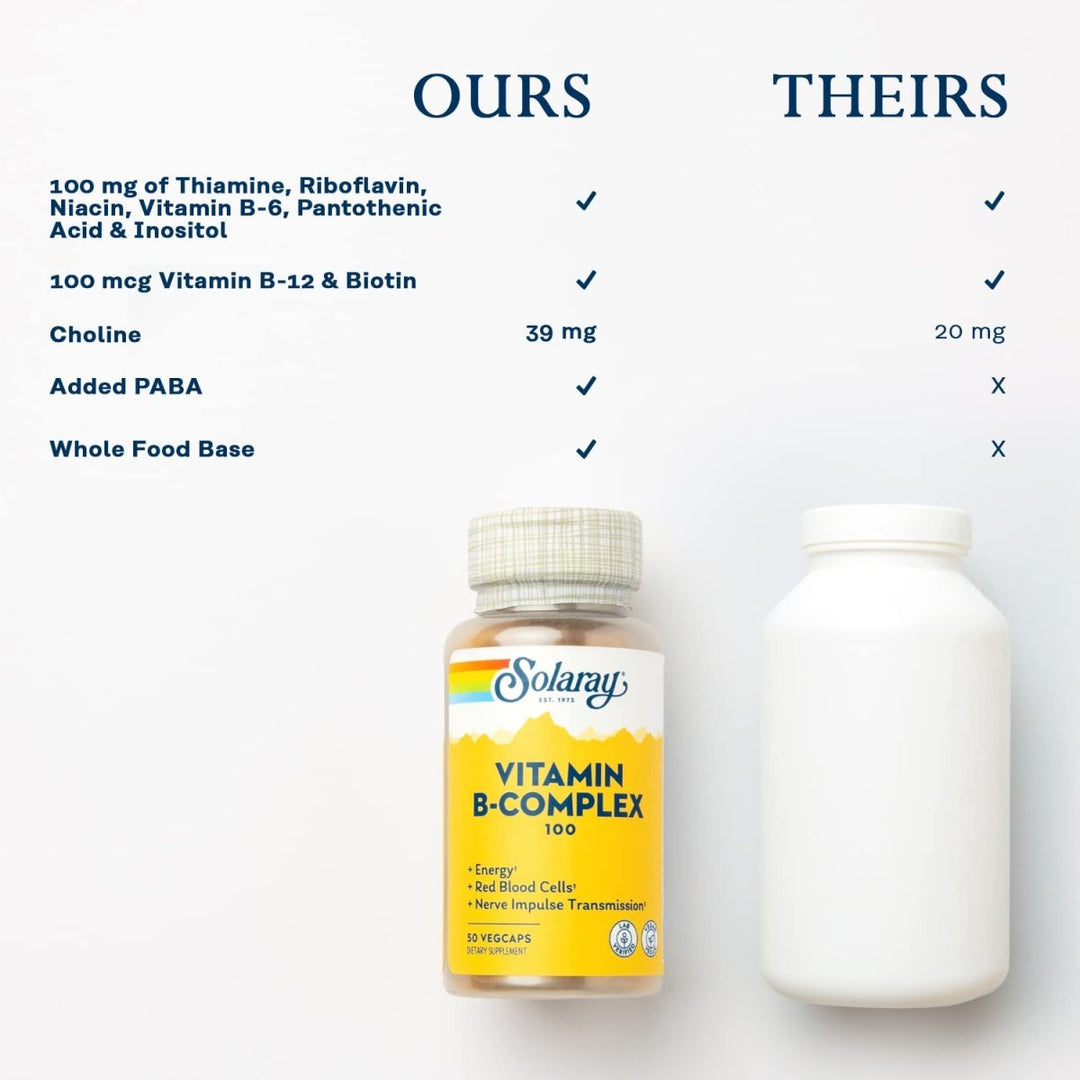 Solaray Vitamin B - Complex 100 mg - Healthy Energy, Blood Cell Formation & Nerve Impulse Transmission Support - 100 VegCaps (50 Count) - The Oasis of Health