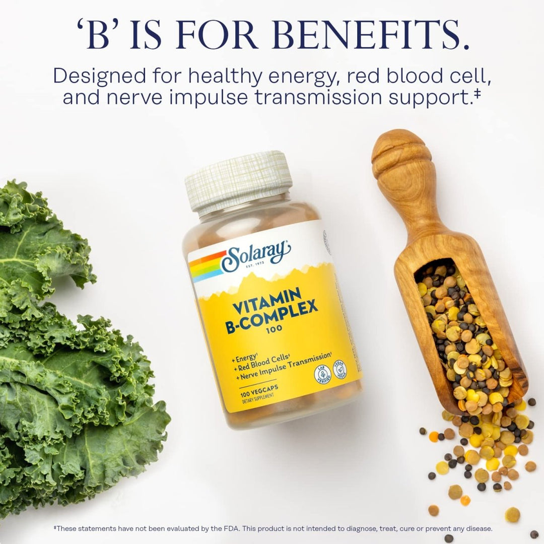 SOLARAY Vitamin B - Complex 100 mg - Vital Support for Energy, Blood Cells & Nerves - 100 VegCaps (100 Count) - The Oasis of Health